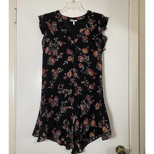 JOIE Silk V neck ruffle mini floral black tunic dress size Small